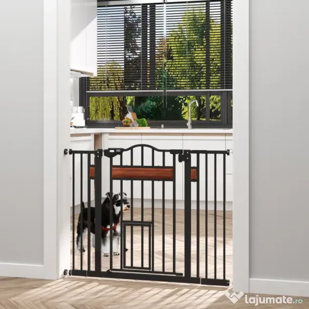 PawHut Poartă de Siguranță pentru Câini cu Închidere Automată 74-105x76.2 cm Neagră | Aosom Romania