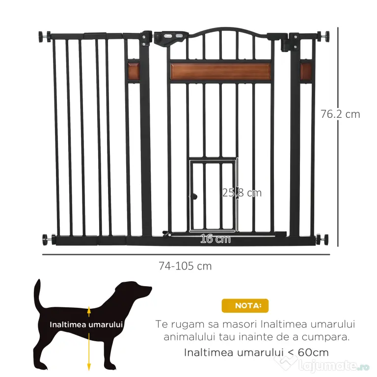 PawHut Poartă de Siguranță pentru Câini cu Închidere Automată 74-105x76.2 cm Neagră | Aosom Romania