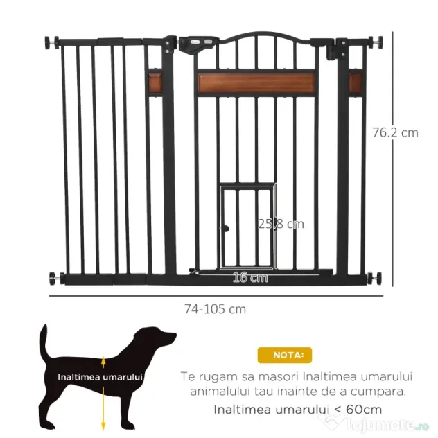 PawHut Poartă de Siguranță pentru Câini cu Închidere Automată 74-105x76.2 cm Neagră | Aosom Romania
