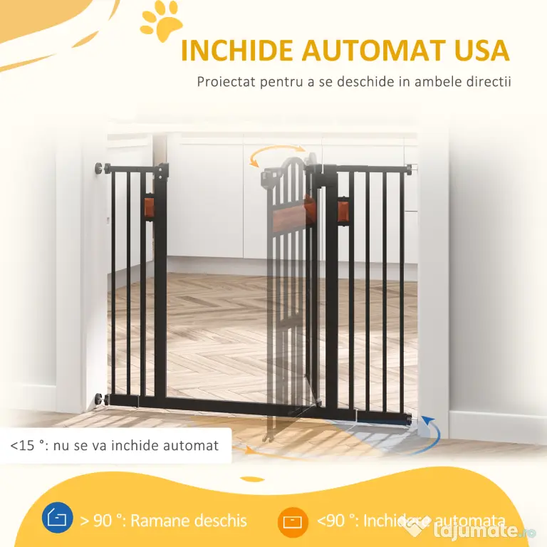 PawHut Poartă de Siguranță pentru Câini cu Închidere Automată 74-105x76.2 cm Neagră | Aosom Romania