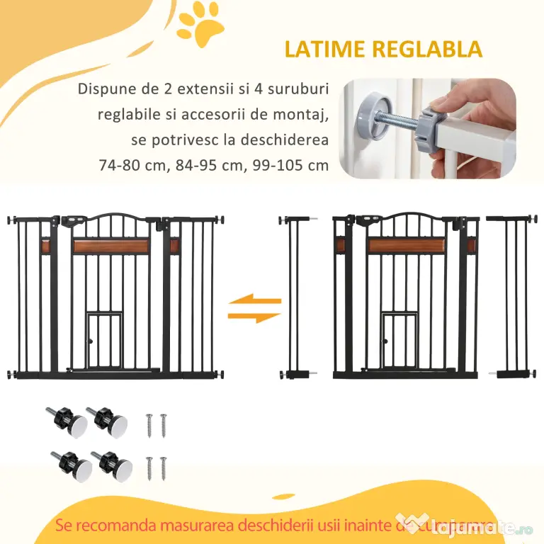 PawHut Poartă de Siguranță pentru Câini cu Închidere Automată 74-105x76.2 cm Neagră | Aosom Romania
