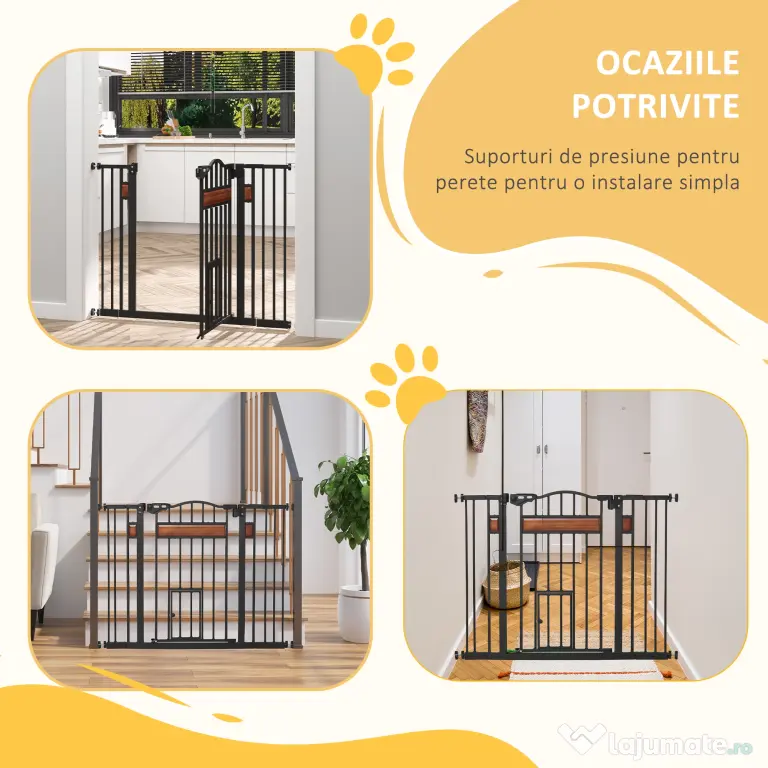 PawHut Poartă de Siguranță pentru Câini cu Închidere Automată 74-105x76.2 cm Neagră | Aosom Romania