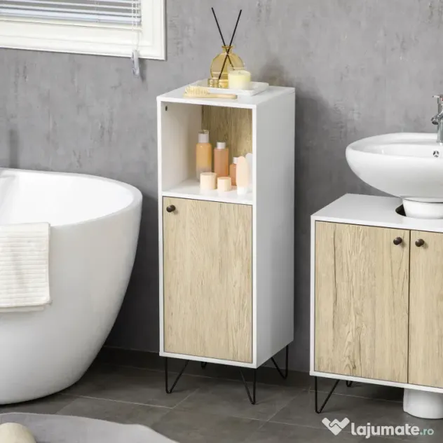 Kleankin Dulap de Podea Baie, Raft Deschis, Organizator Independent cu Ușă, Design Modern | Aosom Romania