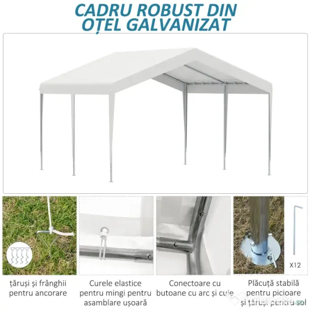 Outsunny Foișor 4x4m pentru Mașini și Bărci, Ideal pentru Nunti și Petreceri, Cort de Grădină din Oțel Galvanizat, Alb | Aosom Romania