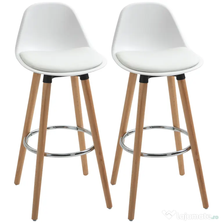 HOMCOM Set de 2 Scaune Înalte de Bar cu Spătar, Scaune Înalte cu Pernă și Pernițe pentru Picioare, 38,5x42,5x91 cm, Alb | Aosom Romania