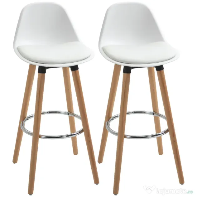 HOMCOM Set de 2 Scaune Înalte de Bar cu Spătar, Scaune Înalte cu Pernă și Pernițe pentru Picioare, 38,5x42,5x91 cm, Alb | Aosom Romania