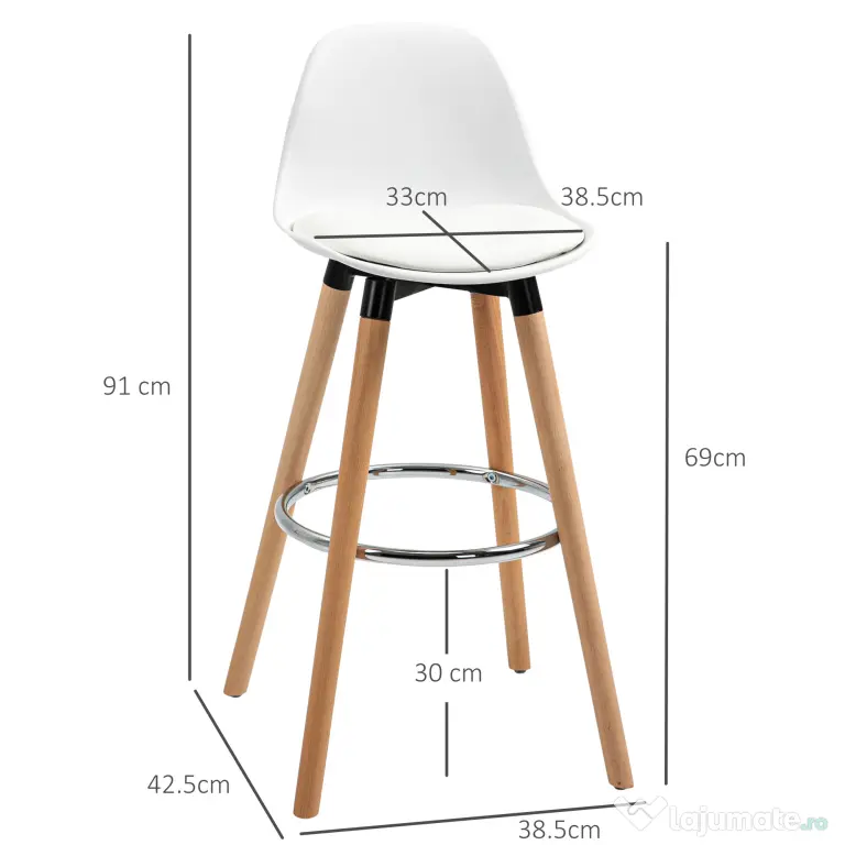 HOMCOM Set de 2 Scaune Înalte de Bar cu Spătar, Scaune Înalte cu Pernă și Pernițe pentru Picioare, 38,5x42,5x91 cm, Alb | Aosom Romania