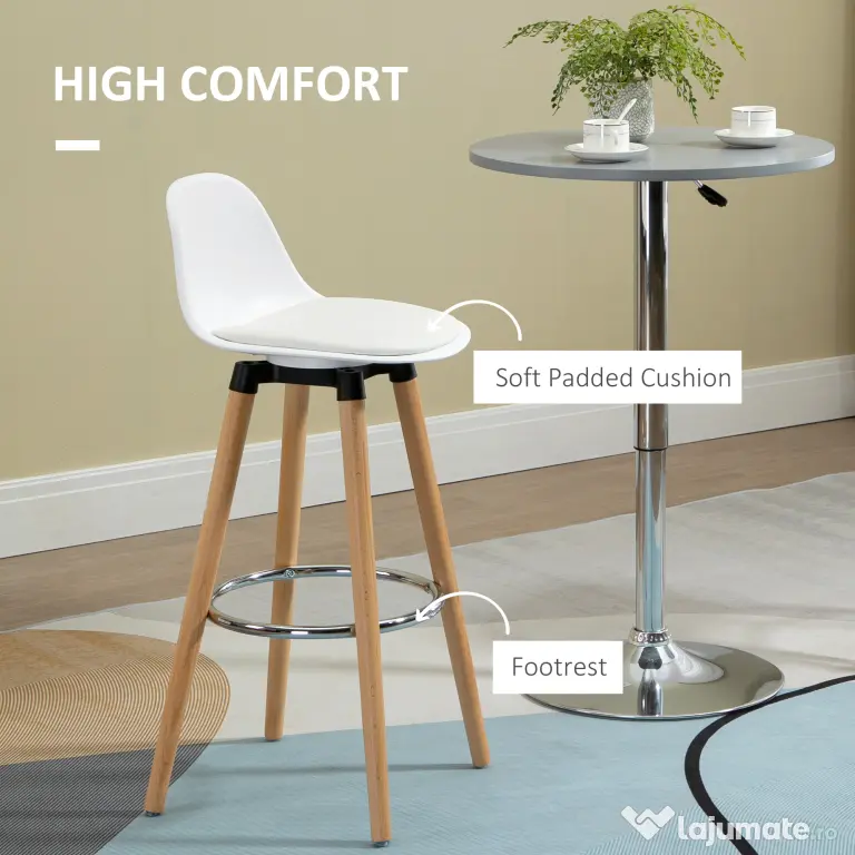 HOMCOM Set de 2 Scaune Înalte de Bar cu Spătar, Scaune Înalte cu Pernă și Pernițe pentru Picioare, 38,5x42,5x91 cm, Alb | Aosom Romania