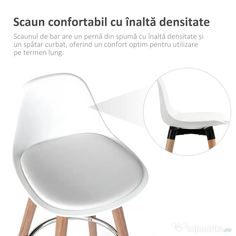 HOMCOM Set de 2 Scaune Înalte de Bar cu Spătar, Scaune Înalte cu Pernă și Pernițe pentru Picioare, 38,5x42,5x91 cm, Alb | Aosom Romania