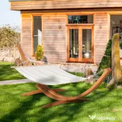 Hamac Outsunny cu Suport din Lemn si Bumbac, Hamac de Gradina pentru alte Spatii Exterioare, 392x120x102cm, Alb | Aosom Romania 
