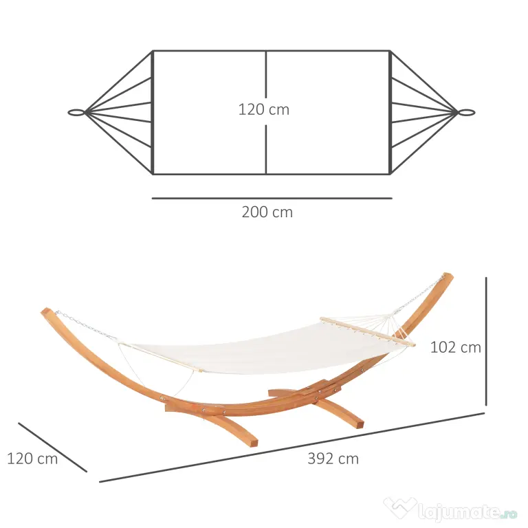 Hamac Outsunny cu Suport din Lemn si Bumbac, Hamac de Gradina pentru alte Spatii Exterioare, 392x120x102cm, Alb | Aosom Romania