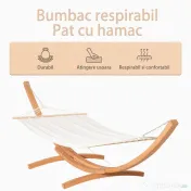 Hamac Outsunny cu Suport din Lemn si Bumbac, Hamac de Gradina pentru alte Spatii Exterioare, 392x120x102cm, Alb | Aosom Romania 