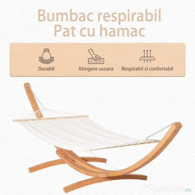 Hamac Outsunny cu Suport din Lemn si Bumbac, Hamac de Gradina pentru alte Spatii Exterioare, 392x120x102cm, Alb | Aosom Romania