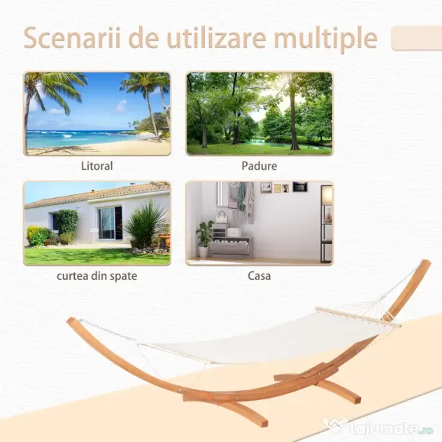 Hamac Outsunny cu Suport din Lemn si Bumbac, Hamac de Gradina pentru alte Spatii Exterioare, 392x120x102cm, Alb | Aosom Romania