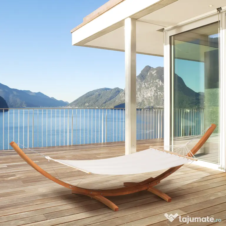 Hamac Outsunny cu Suport din Lemn si Bumbac, Hamac de Gradina pentru alte Spatii Exterioare, 392x120x102cm, Alb | Aosom Romania