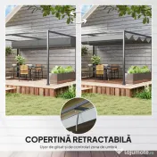 Outsunny Gazebo Pergolă 4x3 m cu Acoperiș Retractabil, Orificii de Drenaj, Picheți și Șuruburi, Pergolă de Grădină din Poliester și Metal, pentru Terasă, Verandă, Exterior, Gri Închis 