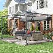 Outsunny Gazebo Pergolă 4x3 m cu Acoperiș Retractabil, Orificii de Drenaj, Picheți și Șuruburi, Pergolă de Grădină din Poliester și Metal, pentru Terasă, Verandă, Exterior, Gri Închis 