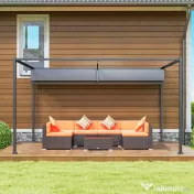 Outsunny Gazebo Pergolă 4x3 m cu Acoperiș Retractabil, Orificii de Drenaj, Picheți și Șuruburi, Pergolă de Grădină din Poliester și Metal, pentru Terasă, Verandă, Exterior, Gri Închis 