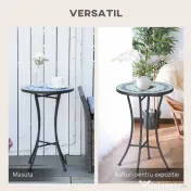 Masuta de Gradina Rotunda din Metal Outsunny cu Blat din Ceramica, Design tip Mozaic, Ф35,5x53,5 cm, Albastru 