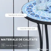 Masuta de Gradina Rotunda din Metal Outsunny cu Blat din Ceramica, Design tip Mozaic, Ф35,5x53,5 cm, Albastru 