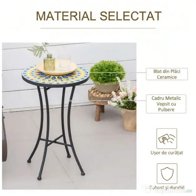 Outsunny Masuta de Gradina din Metal cu Blat din Mozaic Ceramic, Ф35.5x53.5cm, Multicolor | Aosom Romania