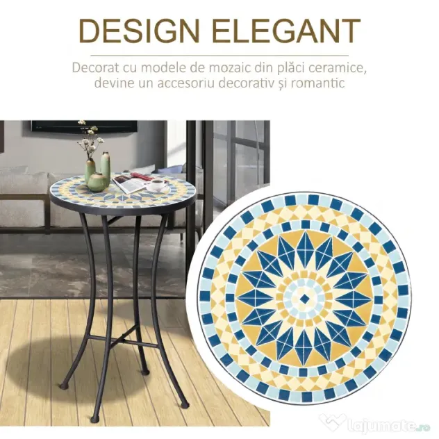 Outsunny Masuta de Gradina din Metal cu Blat din Mozaic Ceramic, Ф35.5x53.5cm, Multicolor | Aosom Romania