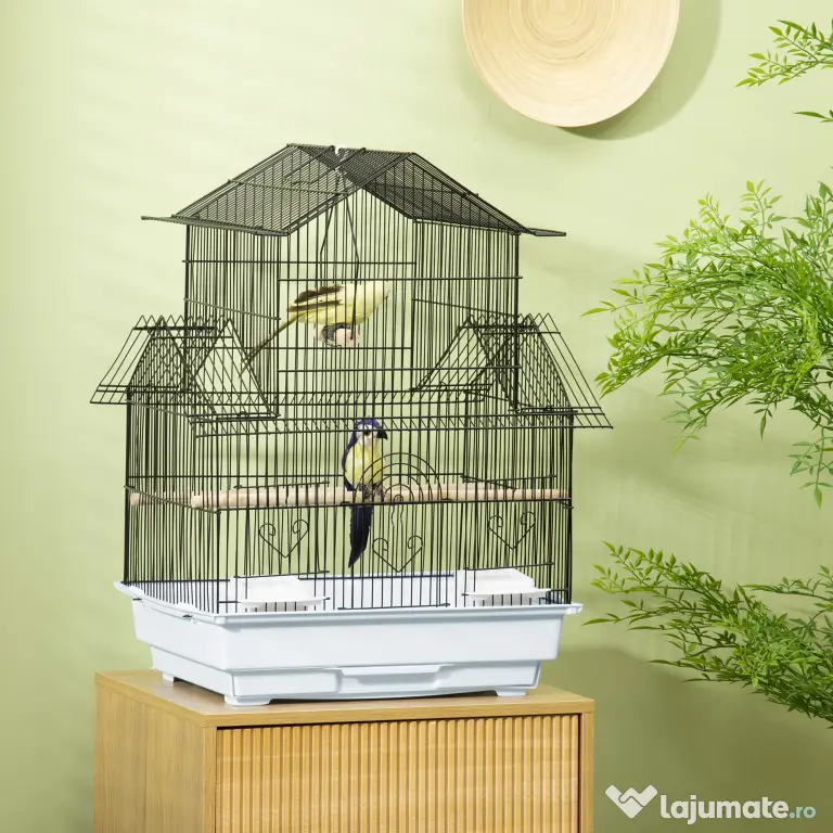 PawHut Cusca pentru Păsări din Metal și Plastic, cu Mâner de Transport și Tavă Detașabilă, Alb, 50.5x41x63 cm | Aosom Romania