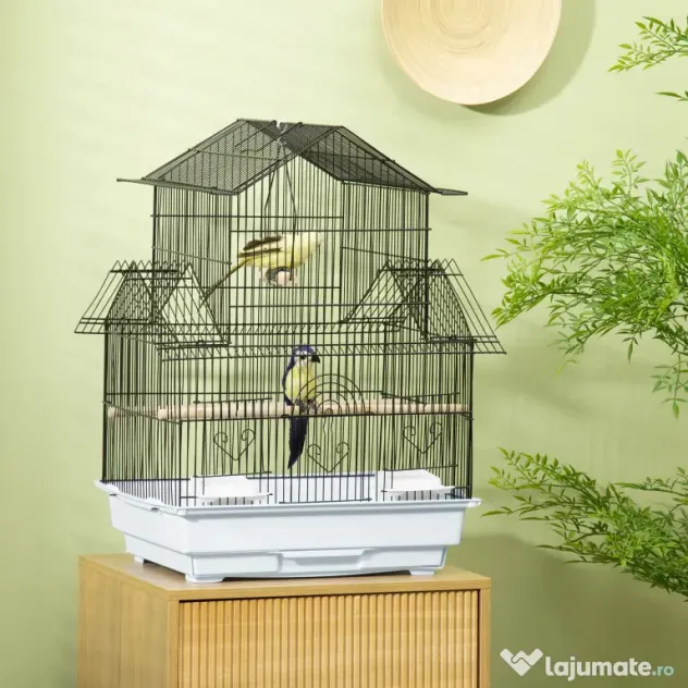 PawHut Cusca pentru Păsări din Metal și Plastic, cu Mâner de Transport și Tavă Detașabilă, Alb, 50.5x41x63 cm | Aosom Romania