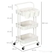 HOMCOM Cărucior de Bucătărie Multifuncțional cu 3 Nivele, Coșuri și Cârlige Detașabile, 42x38x86.5 cm, Negru