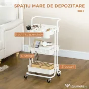 HOMCOM Cărucior de Bucătărie Multifuncțional cu 3 Nivele, Coșuri și Cârlige Detașabile, 42x38x86.5 cm, Negru