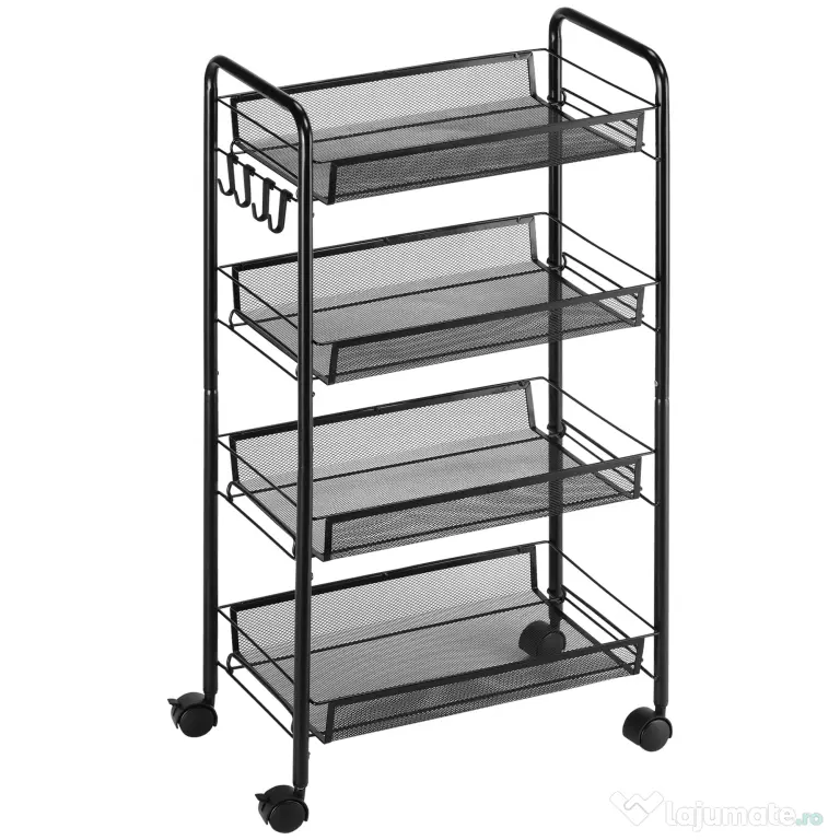 HOMCOM Carucior utilitar cu 4 niveluri, carucior de servire rulant cu cosuri de plasa detasabile, pentru sufragerie si bucatarie, spalatorie, garaj si baie, negru