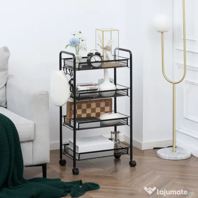 HOMCOM Carucior utilitar cu 4 niveluri, carucior de servire rulant cu cosuri de plasa detasabile, pentru sufragerie si bucatarie, spalatorie, garaj si baie, negru