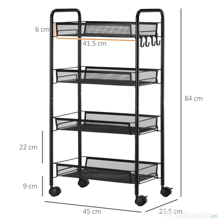 HOMCOM Carucior utilitar cu 4 niveluri, carucior de servire rulant cu cosuri de plasa detasabile, pentru sufragerie si bucatarie, spalatorie, garaj si baie, negru