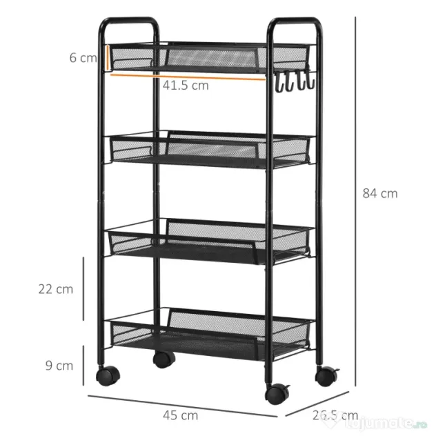 HOMCOM Carucior utilitar cu 4 niveluri, carucior de servire rulant cu cosuri de plasa detasabile, pentru sufragerie si bucatarie, spalatorie, garaj si baie, negru