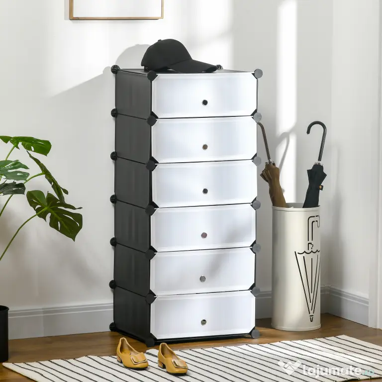 HOMCOM Mobilier pentru incaltaminte modular, 6 cuburi 45x35x17cm din plastic PP si otel, alb | Aosom Romania