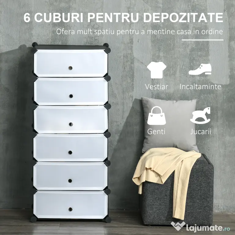 HOMCOM Mobilier pentru incaltaminte modular, 6 cuburi 45x35x17cm din plastic PP si otel, alb | Aosom Romania