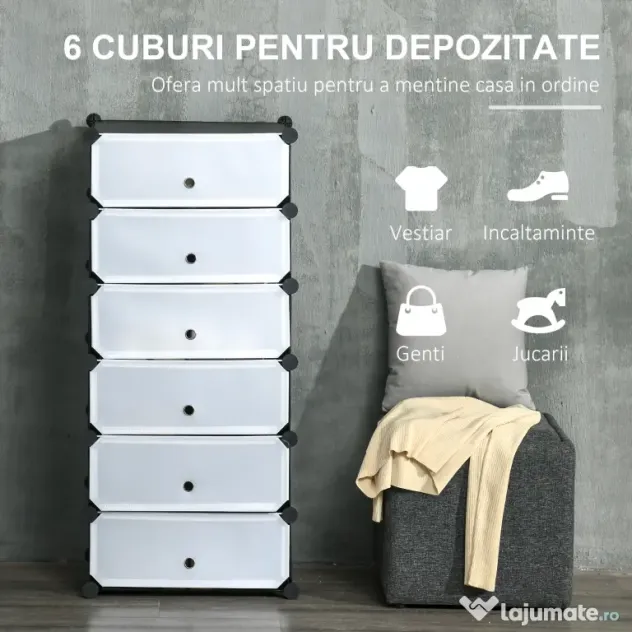 HOMCOM Mobilier pentru incaltaminte modular, 6 cuburi 45x35x17cm din plastic PP si otel, alb | Aosom Romania
