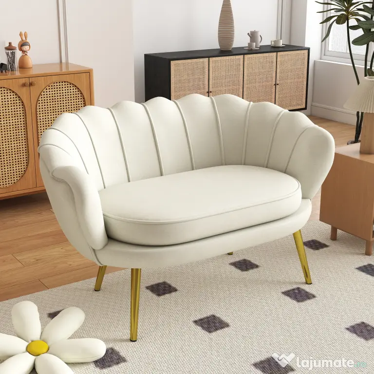 HOMCOM Canapea 2 Locuri Crem în Stil Vintage Industrial Chic din Catifea pentru Eleganță în Intrare | Aosom Romania