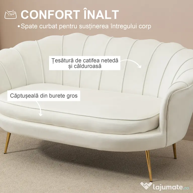 HOMCOM Canapea 2 Locuri Crem în Stil Vintage Industrial Chic din Catifea pentru Eleganță în Intrare | Aosom Romania