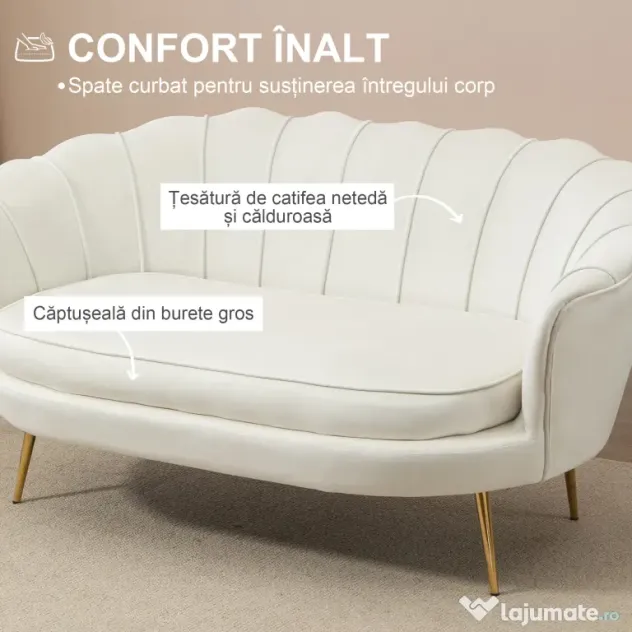 HOMCOM Canapea 2 Locuri Crem în Stil Vintage Industrial Chic din Catifea pentru Eleganță în Intrare | Aosom Romania