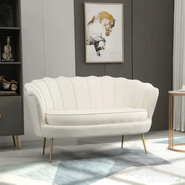 HOMCOM Canapea 2 Locuri Crem în Stil Vintage Industrial Chic din Catifea pentru Eleganță în Intrare | Aosom Romania