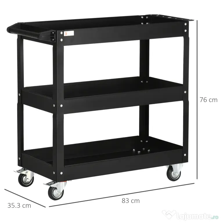 DURHAND Cărucior Port-Scule cu 3 Niveluri din Oțel cu Margini Înalte și 4 Roți Pivotante, 83x35,3x76 cm, Negru