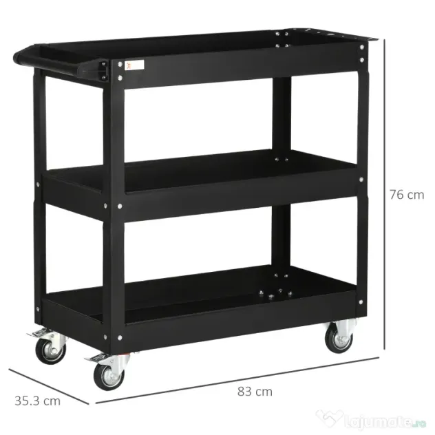DURHAND Cărucior Port-Scule cu 3 Niveluri din Oțel cu Margini Înalte și 4 Roți Pivotante, 83x35,3x76 cm, Negru