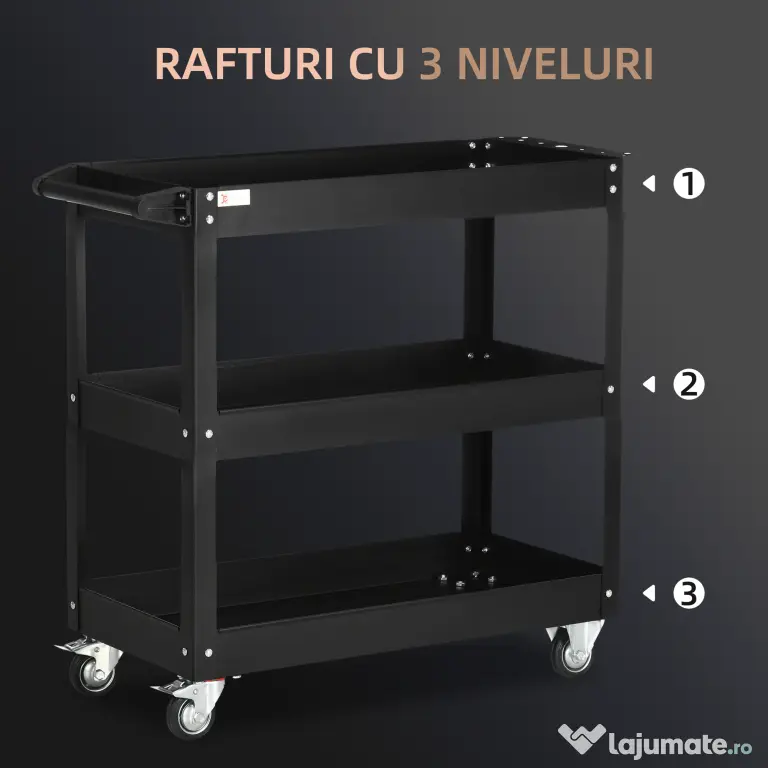 DURHAND Cărucior Port-Scule cu 3 Niveluri din Oțel cu Margini Înalte și 4 Roți Pivotante, 83x35,3x76 cm, Negru