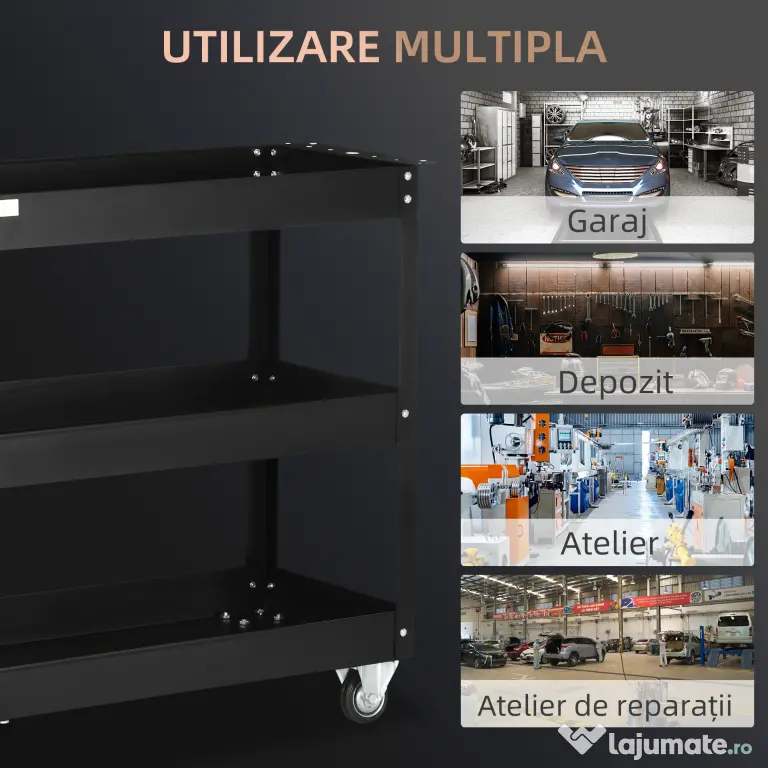 DURHAND Cărucior Port-Scule cu 3 Niveluri din Oțel cu Margini Înalte și 4 Roți Pivotante, 83x35,3x76 cm, Negru
