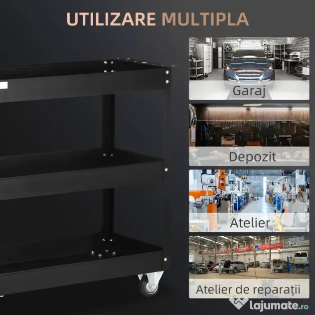 DURHAND Cărucior Port-Scule cu 3 Niveluri din Oțel cu Margini Înalte și 4 Roți Pivotante, 83x35,3x76 cm, Negru