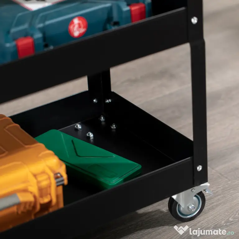 DURHAND Cărucior Port-Scule cu 3 Niveluri din Oțel cu Margini Înalte și 4 Roți Pivotante, 83x35,3x76 cm, Negru