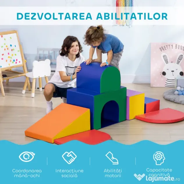 HOMCOM Set de Joc pentru Copii 1-3 Ani cu 7 Blocuri Multicolor în PU și EPE, 170x130x40 cm | Aosom Romania