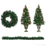 HOMCOM Set de decoratiuni pentru Craciun set 4 piese, coroana de ghirlande si set de 2 copaci cu lumini LED albe calde, fructe de padure rosii, pini de pin, verde