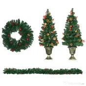 HOMCOM Set de decoratiuni pentru Craciun set 4 piese, coroana de ghirlande si set de 2 copaci cu lumini LED albe calde, fructe de padure rosii, pini de pin, verde